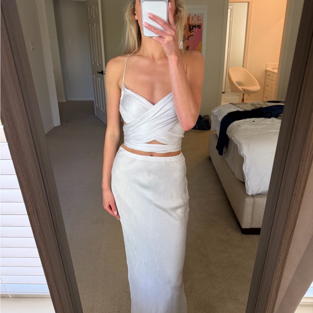 Meshki White-Silver Wrap Crop Top & Maxi Skirt Set